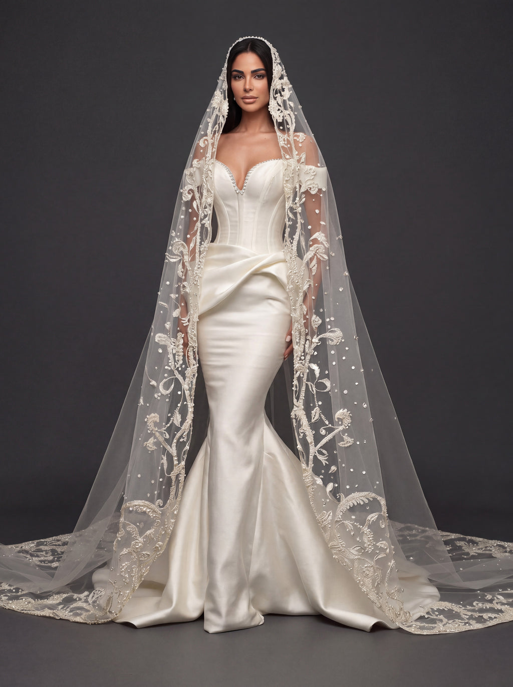Sculpted Ivory Satin Mermaid Wedding Gown – Plunging Sweetheart Corset with Draped Waist & Embroidered Cathedral Veil