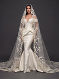 Sculpted Ivory Satin Mermaid Wedding Gown – Plunging Sweetheart Corset with Draped Waist & Embroidered Cathedral Veil