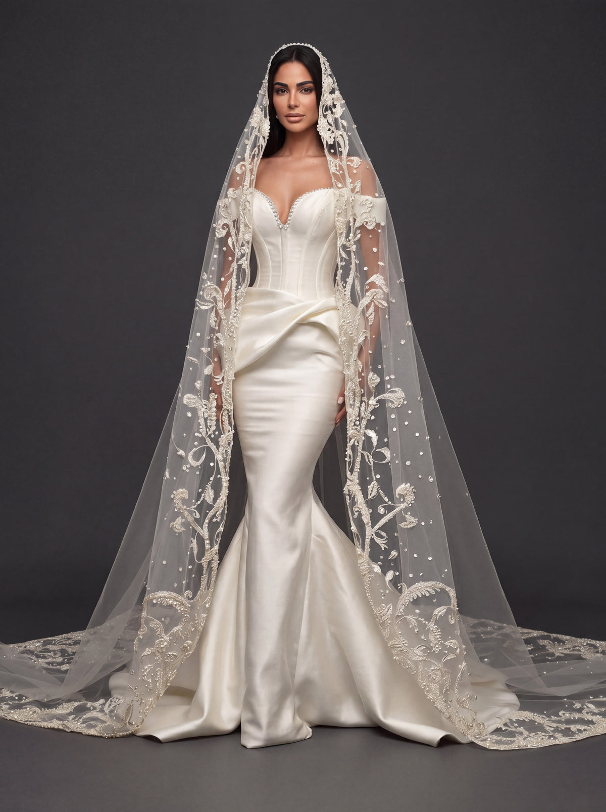Sculpted Ivory Satin Mermaid Wedding Gown – Plunging Sweetheart Corset with Draped Waist & Embroidered Cathedral Veil