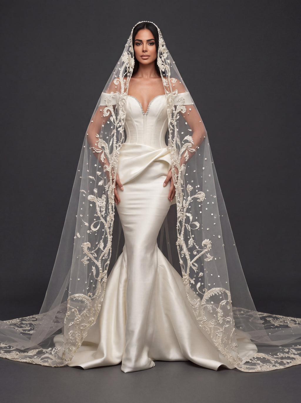 Sculpted Ivory Satin Mermaid Wedding Gown – Plunging Sweetheart Corset with Draped Waist & Embroidered Cathedral Veil
