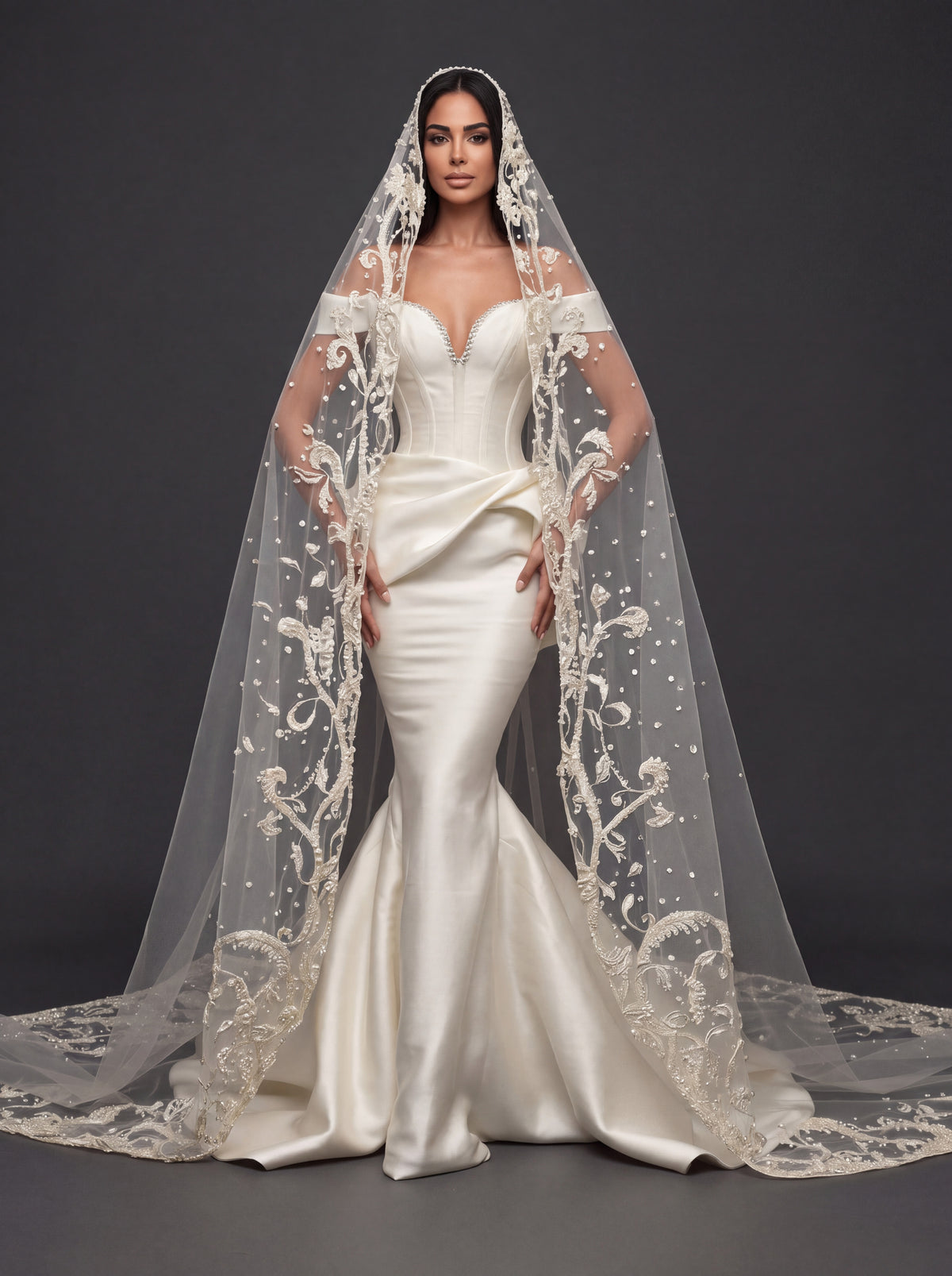Sculpted Ivory Satin Mermaid Wedding Gown – Plunging Sweetheart Corset with Draped Waist & Embroidered Cathedral Veil