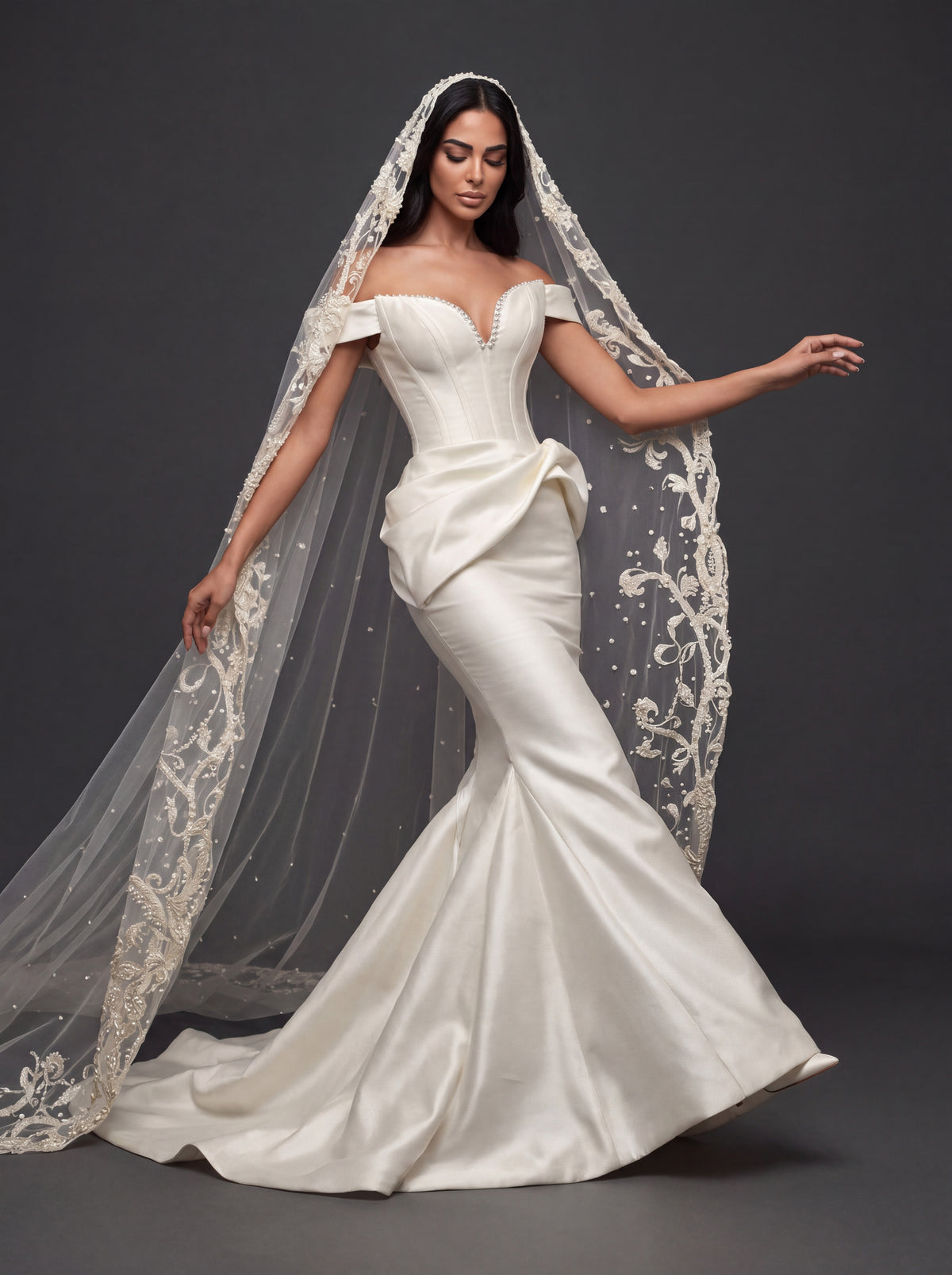 Sculpted Ivory Satin Mermaid Wedding Gown – Plunging Sweetheart Corset with Draped Waist & Embroidered Cathedral Veil