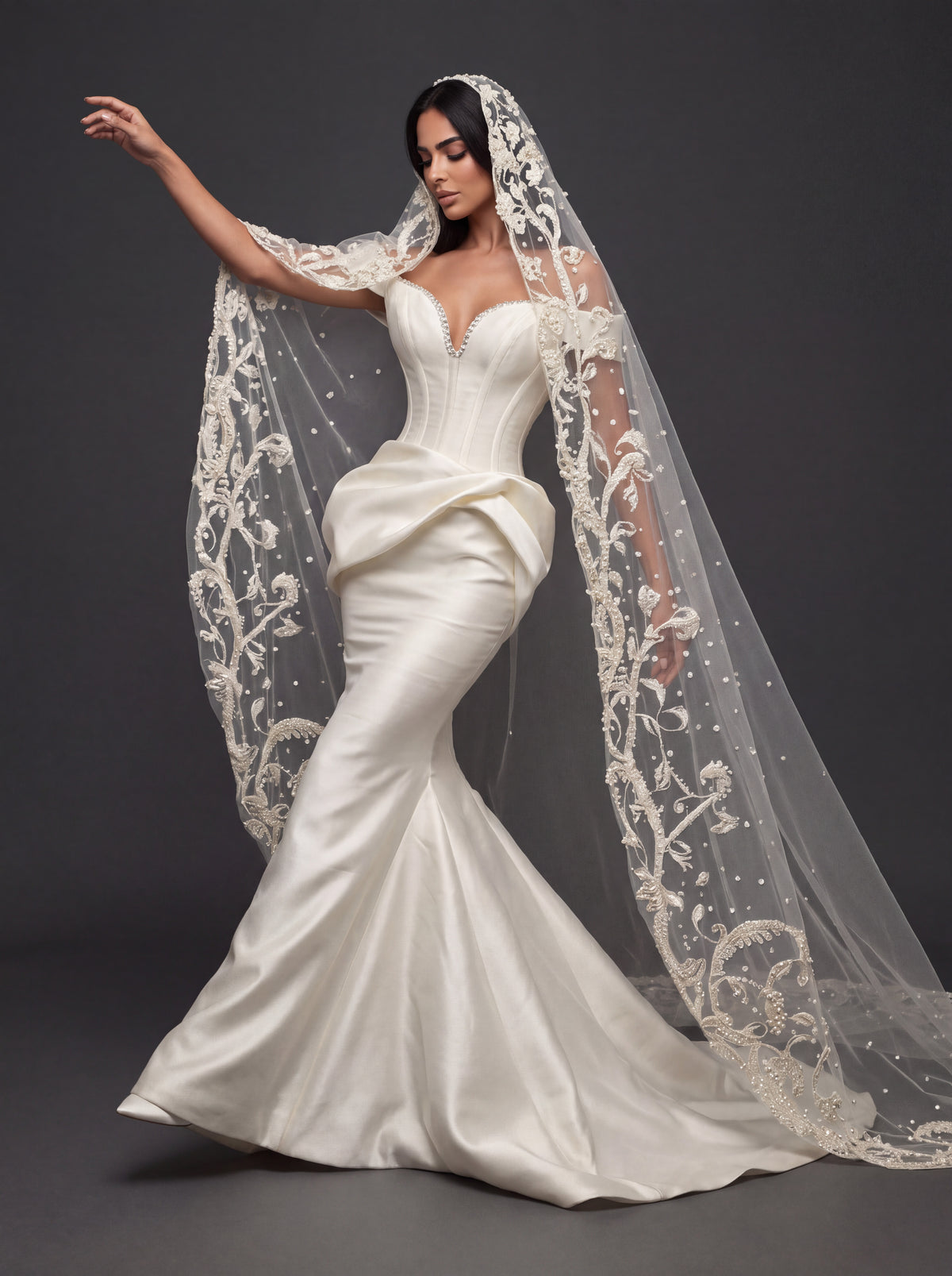 Sculpted Ivory Satin Mermaid Wedding Gown – Plunging Sweetheart Corset with Draped Waist & Embroidered Cathedral Veil