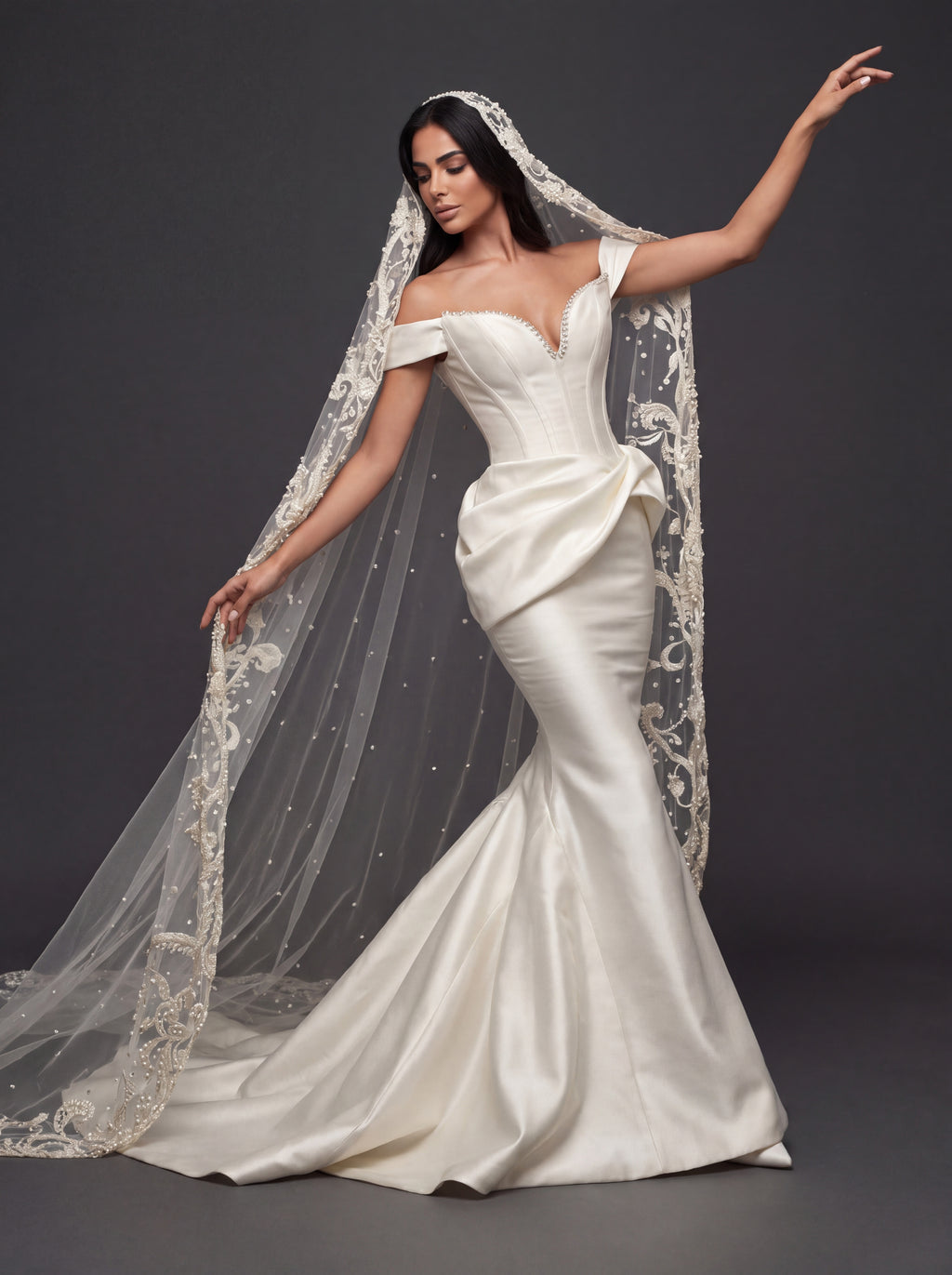 Sculpted Ivory Satin Mermaid Wedding Gown – Plunging Sweetheart Corset with Draped Waist & Embroidered Cathedral Veil