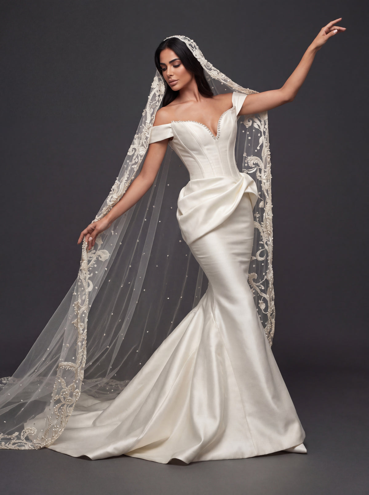 Sculpted Ivory Satin Mermaid Wedding Gown – Plunging Sweetheart Corset with Draped Waist & Embroidered Cathedral Veil
