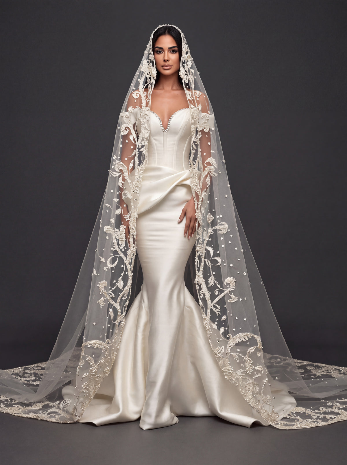 Sculpted Ivory Satin Mermaid Wedding Gown – Plunging Sweetheart Corset with Draped Waist & Embroidered Cathedral Veil
