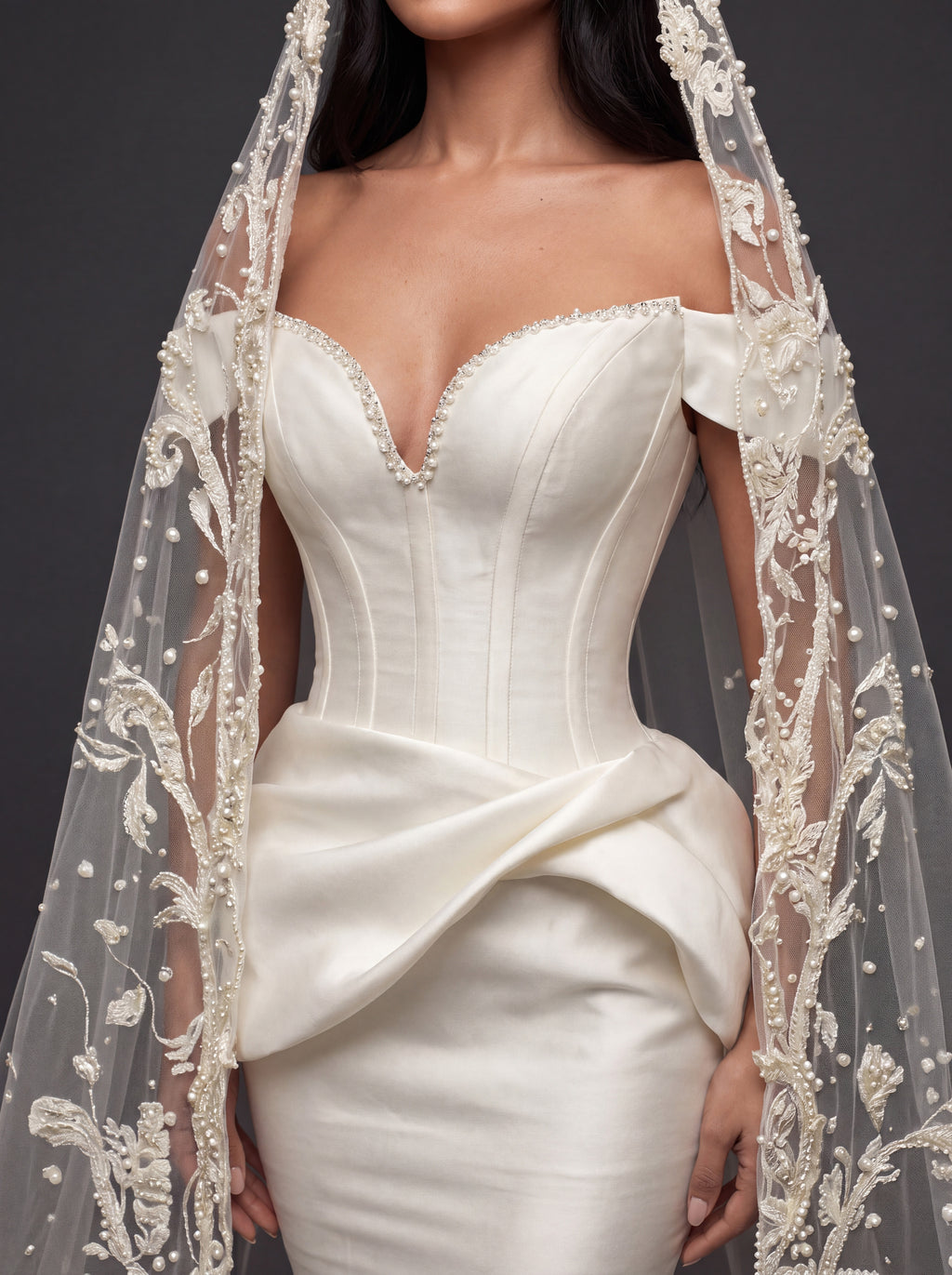 Sculpted Ivory Satin Mermaid Wedding Gown – Plunging Sweetheart Corset with Draped Waist & Embroidered Cathedral Veil