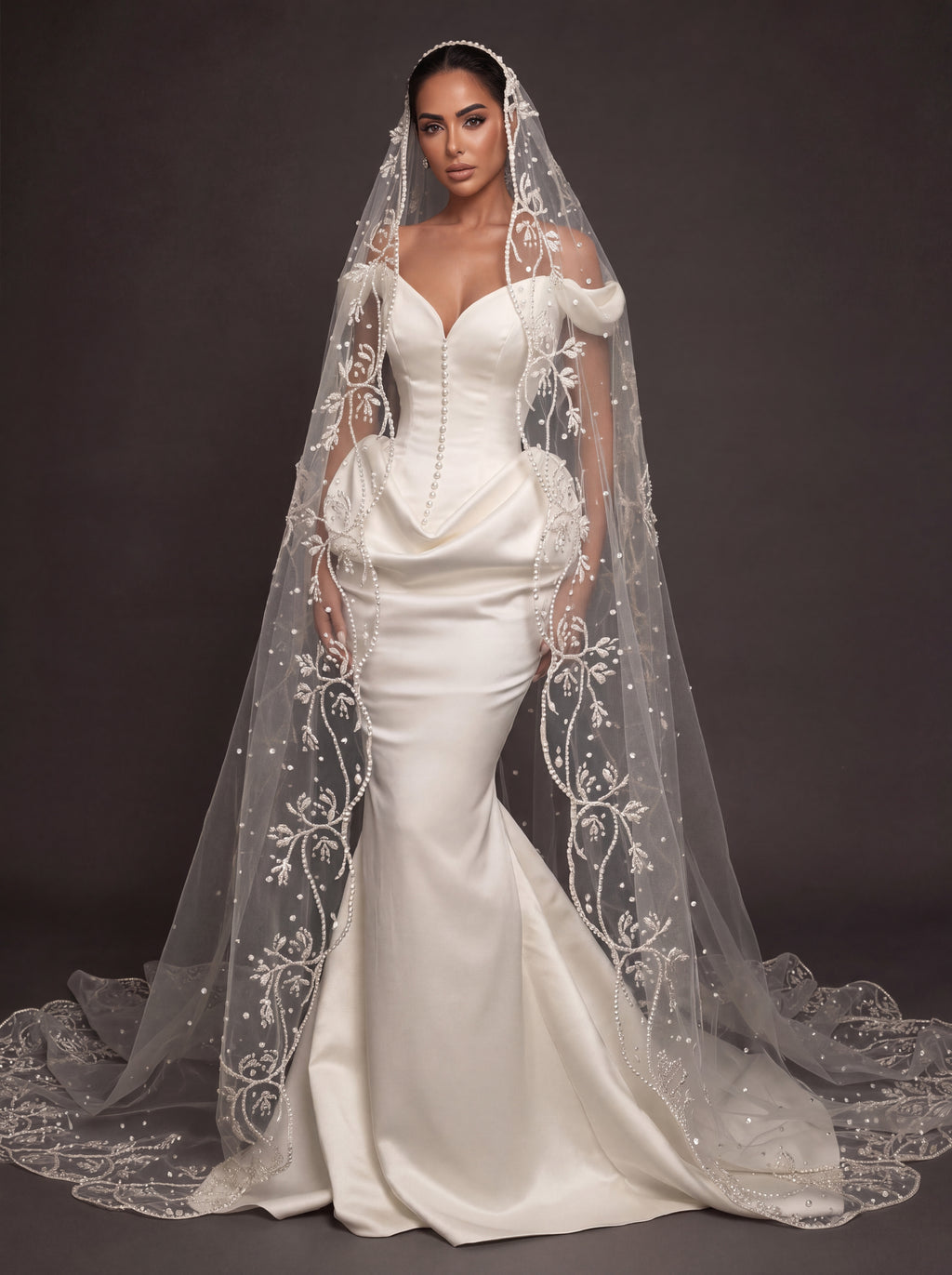 Pearl Button Ivory Satin Mermaid Wedding Gown – Off-Shoulder Sweetheart Corset with Draped Hips & Embroidered Cathedral Veil