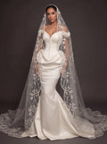 Pearl Button Ivory Satin Mermaid Wedding Gown – Off-Shoulder Sweetheart Corset with Draped Hips & Embroidered Cathedral Veil