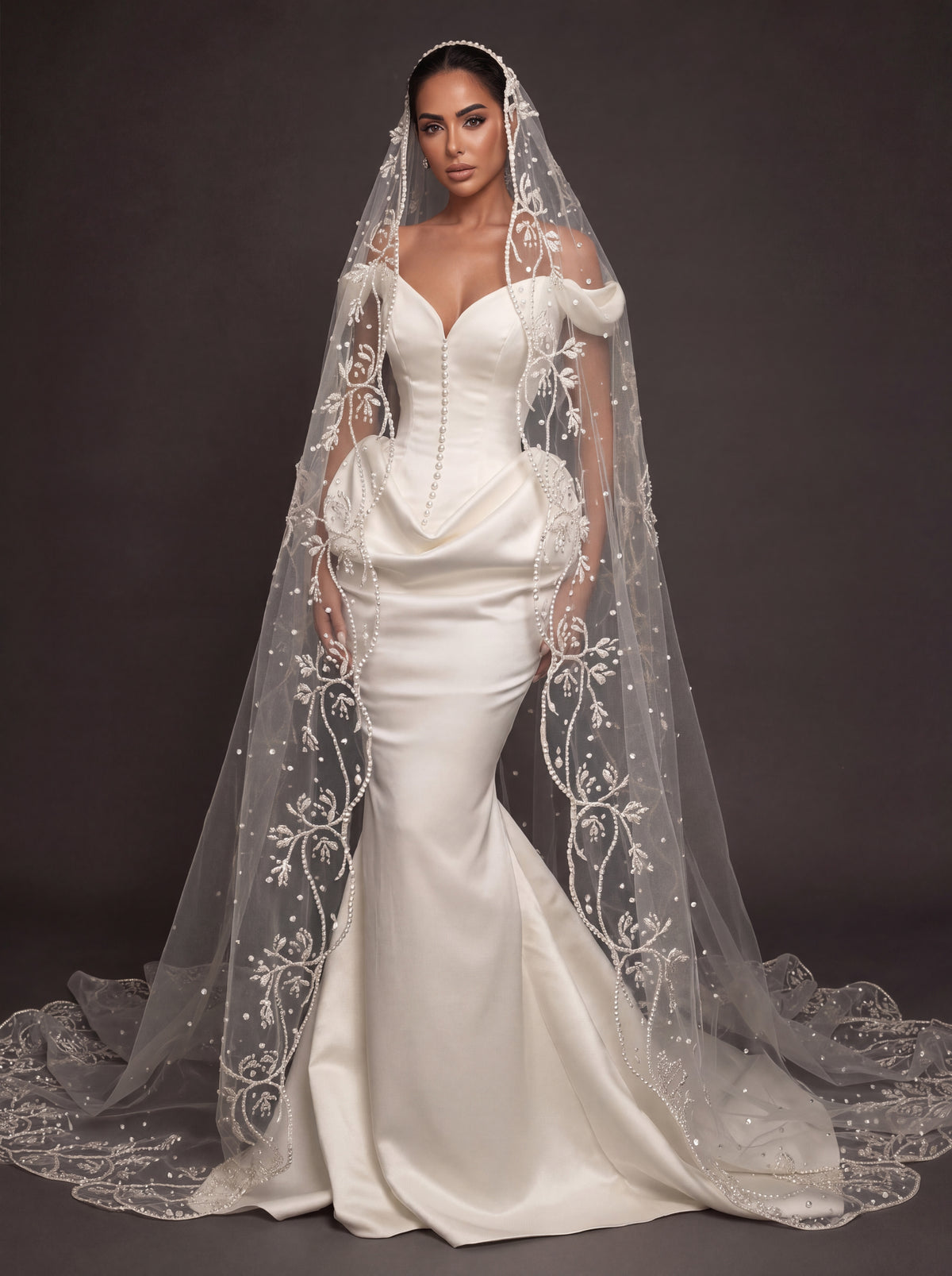 Pearl Button Ivory Satin Mermaid Wedding Gown – Off-Shoulder Sweetheart Corset with Draped Hips & Embroidered Cathedral Veil