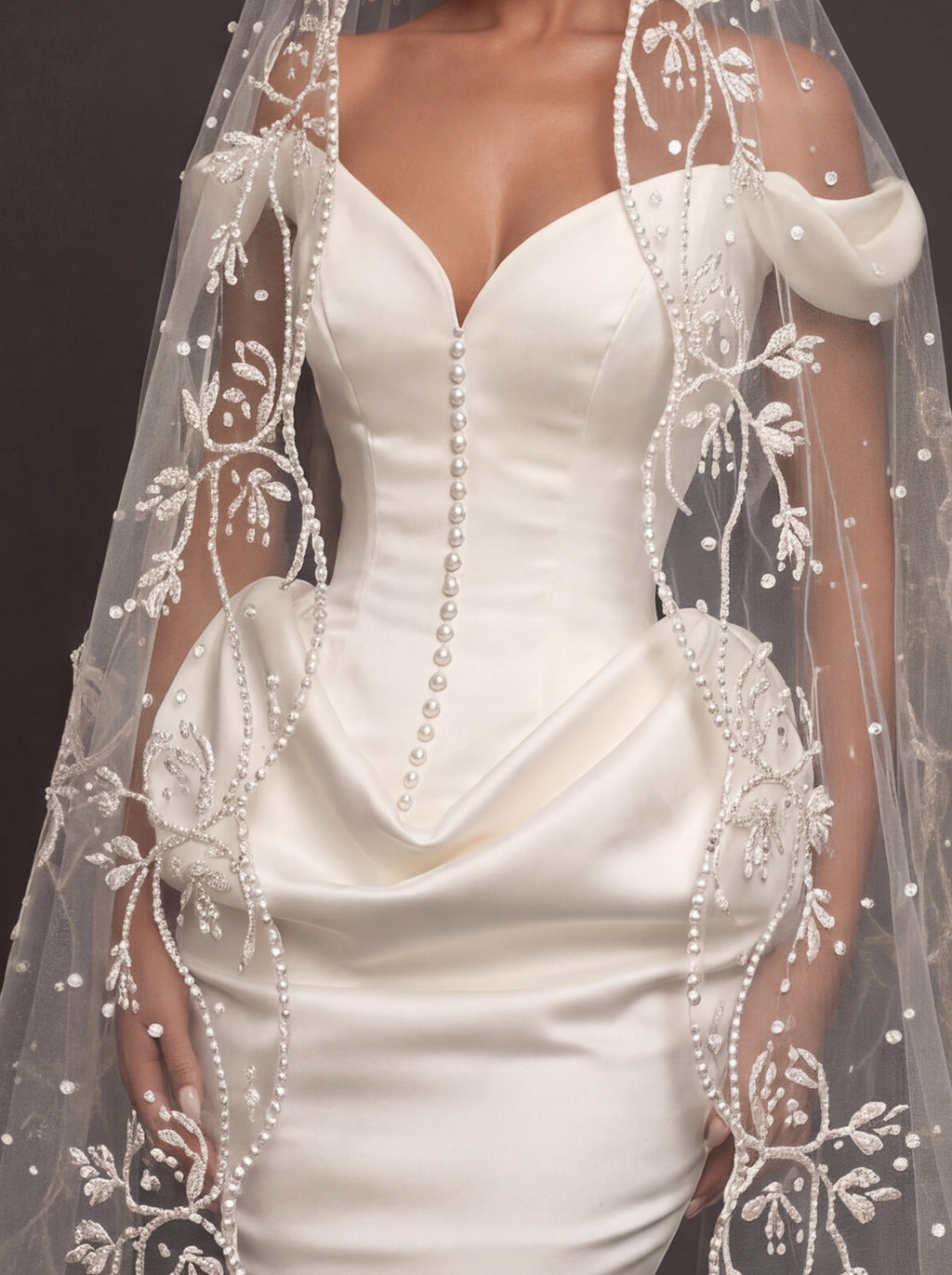 Pearl Button Ivory Satin Mermaid Wedding Gown – Off-Shoulder Sweetheart Corset with Draped Hips & Embroidered Cathedral Veil