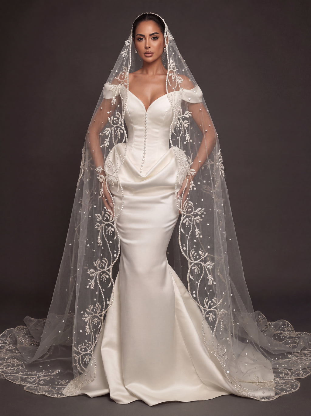 Pearl Button Ivory Satin Mermaid Wedding Gown – Off-Shoulder Sweetheart Corset with Draped Hips & Embroidered Cathedral Veil