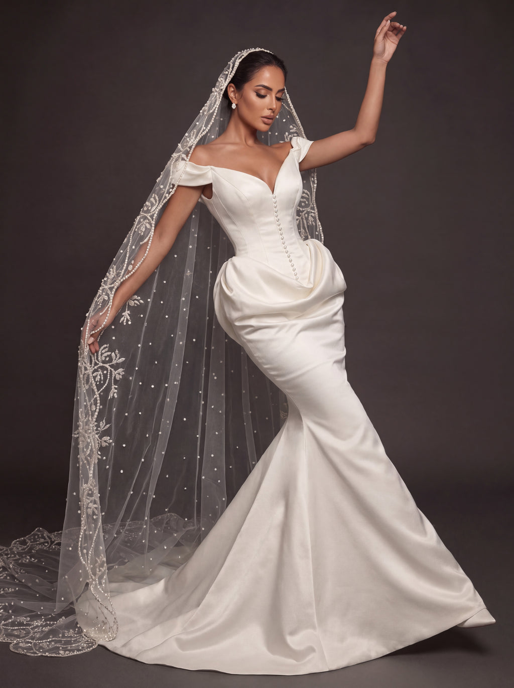 Pearl Button Ivory Satin Mermaid Wedding Gown – Off-Shoulder Sweetheart Corset with Draped Hips & Embroidered Cathedral Veil