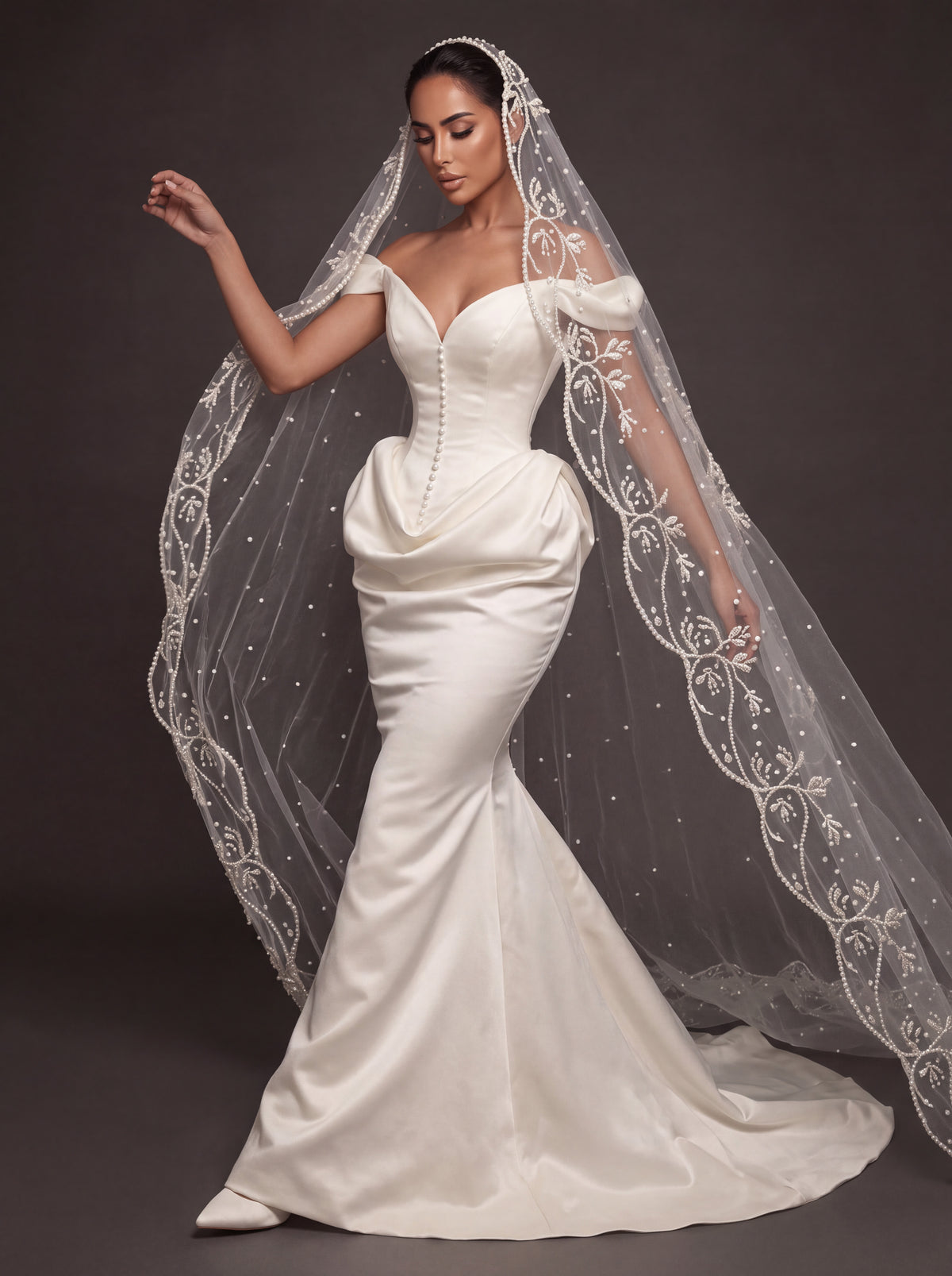 Pearl Button Ivory Satin Mermaid Wedding Gown – Off-Shoulder Sweetheart Corset with Draped Hips & Embroidered Cathedral Veil