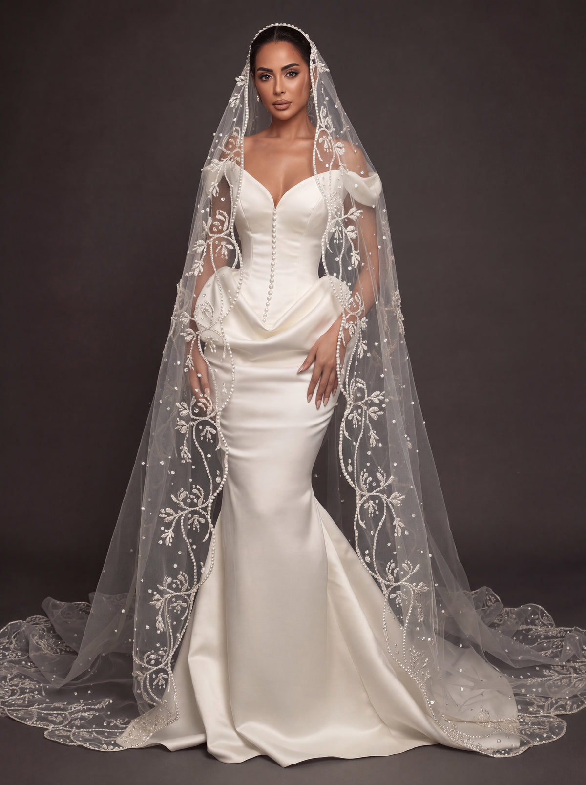 Pearl Button Ivory Satin Mermaid Wedding Gown – Off-Shoulder Sweetheart Corset with Draped Hips & Embroidered Cathedral Veil