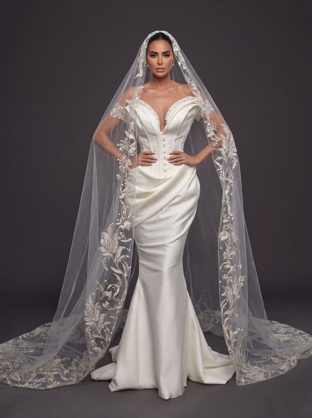 Ivory Satin Sculpted Corset Wedding Gown – Deep V-Neckline, Off-Shoulder Sleeves, Draped Mermaid Skirt & Floral Embroidered Cathedral Veil
