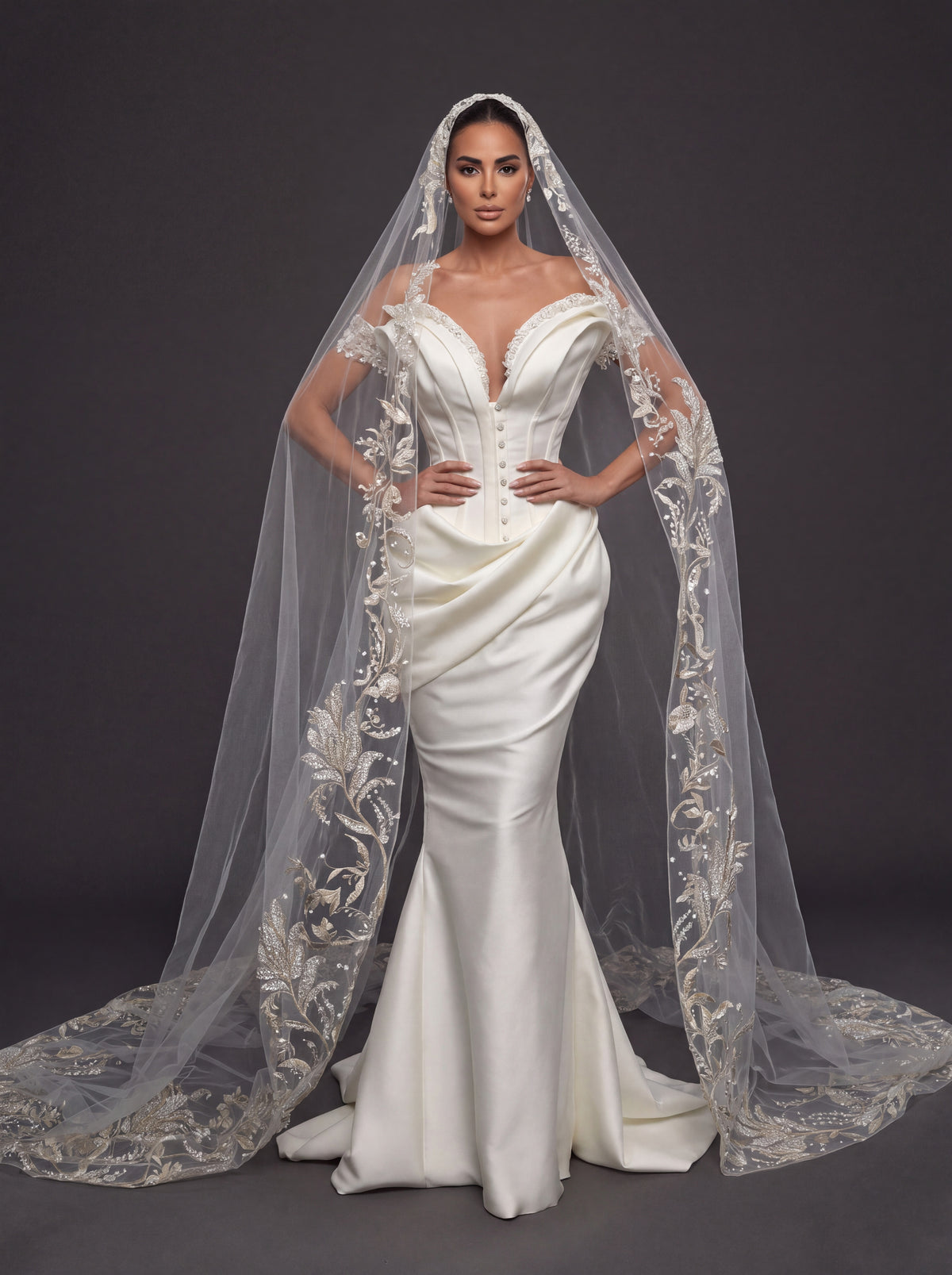 Ivory Satin Sculpted Corset Wedding Gown – Deep V-Neckline, Off-Shoulder Sleeves, Draped Mermaid Skirt & Floral Embroidered Cathedral Veil