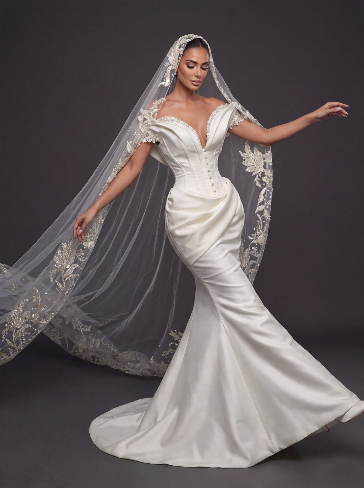 Ivory Satin Sculpted Corset Wedding Gown – Deep V-Neckline, Off-Shoulder Sleeves, Draped Mermaid Skirt & Floral Embroidered Cathedral Veil