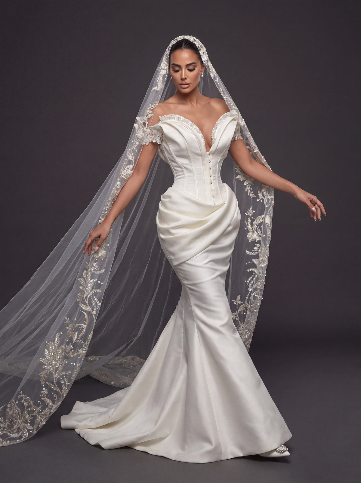 Ivory Satin Sculpted Corset Wedding Gown – Deep V-Neckline, Off-Shoulder Sleeves, Draped Mermaid Skirt & Floral Embroidered Cathedral Veil