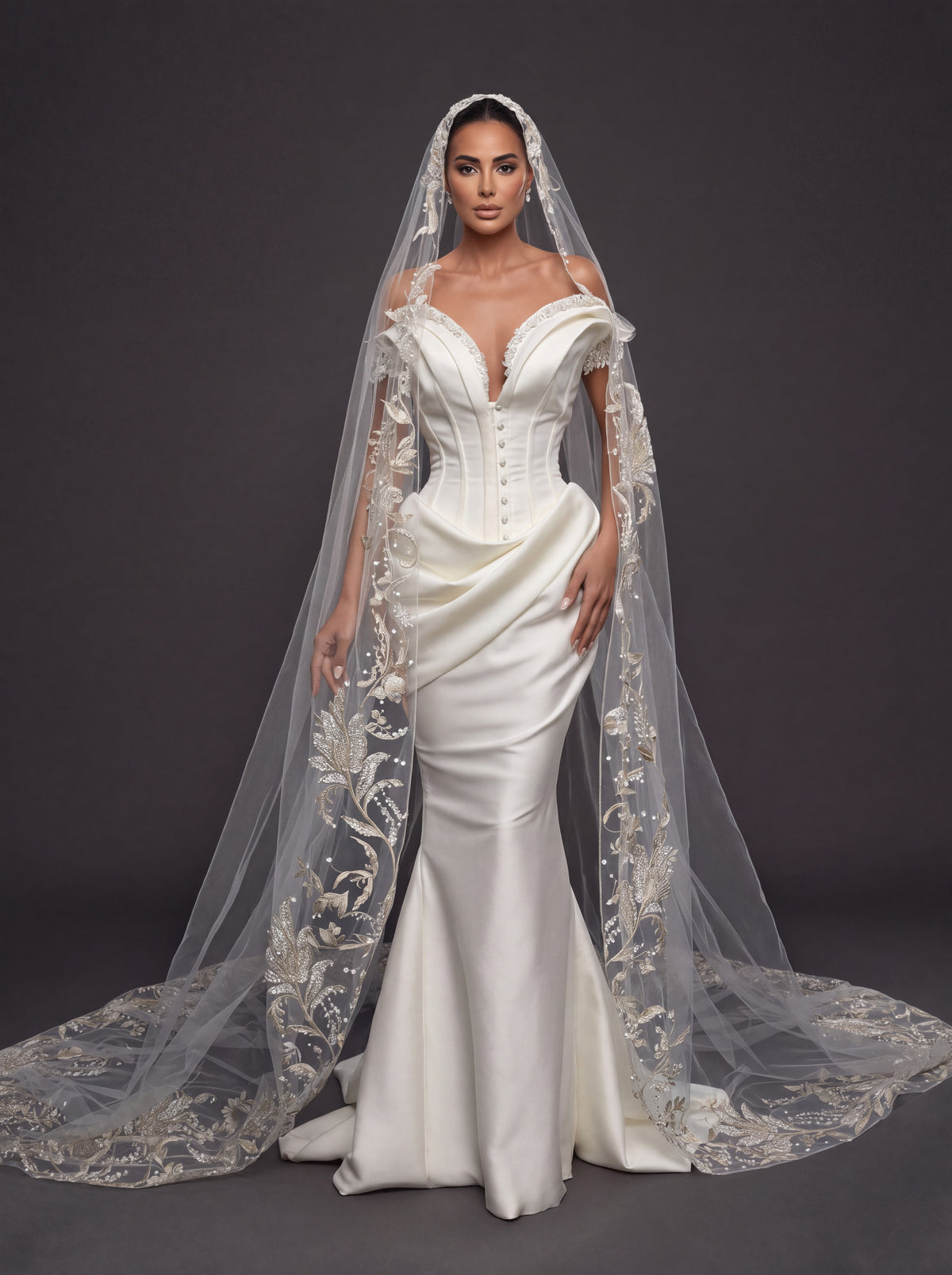Ivory Satin Sculpted Corset Wedding Gown – Deep V-Neckline, Off-Shoulder Sleeves, Draped Mermaid Skirt & Floral Embroidered Cathedral Veil