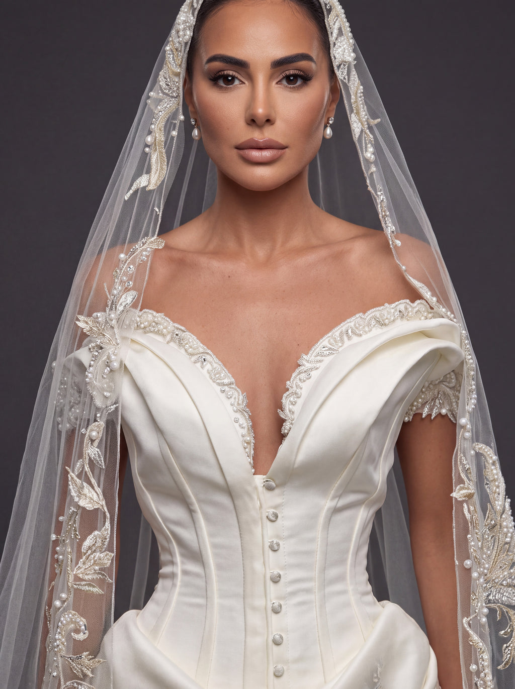 Ivory Satin Sculpted Corset Wedding Gown – Deep V-Neckline, Off-Shoulder Sleeves, Draped Mermaid Skirt & Floral Embroidered Cathedral Veil