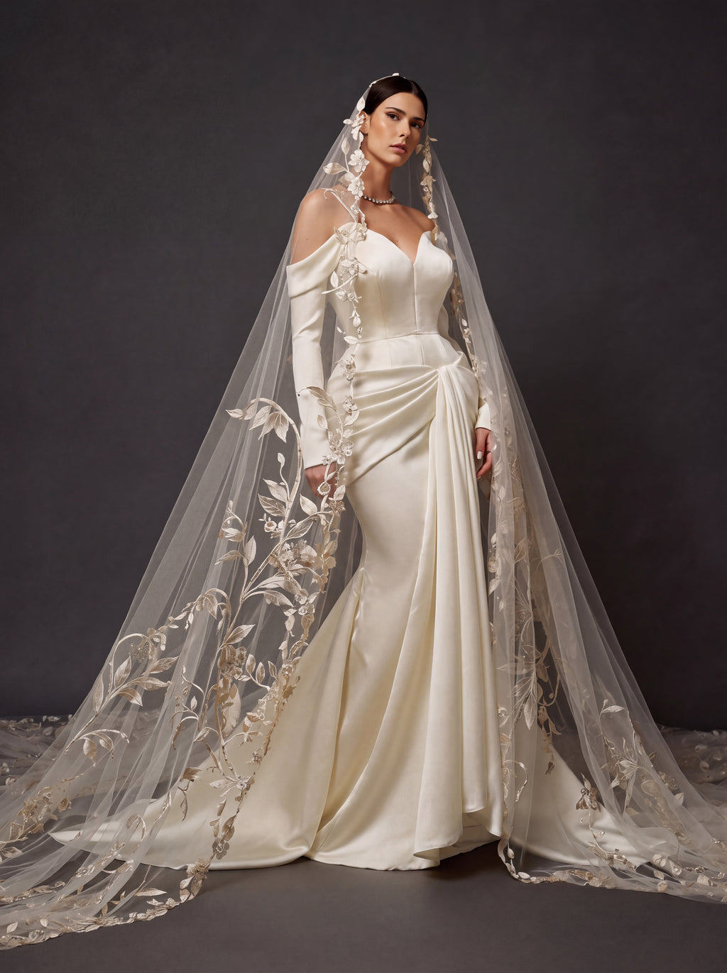 Champagne Ivory Satin Draped Mermaid Wedding Gown – Off-Shoulder Long Sleeves, Sweetheart Neckline & Floral Embroidered Cathedral Veil