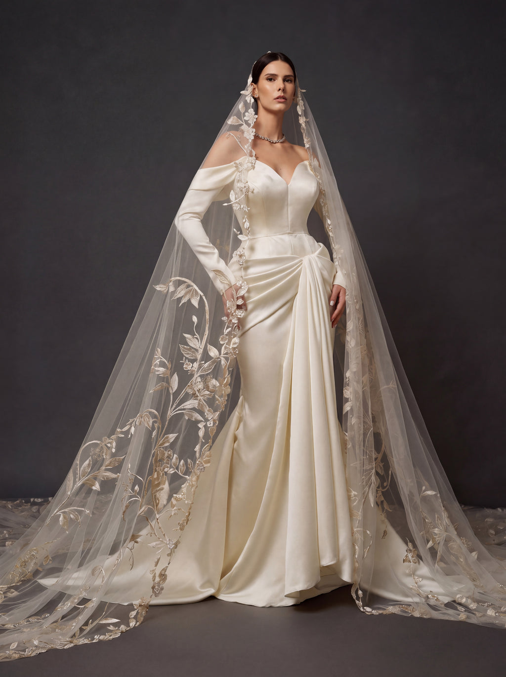 Champagne Ivory Satin Draped Mermaid Wedding Gown – Off-Shoulder Long Sleeves, Sweetheart Neckline & Floral Embroidered Cathedral Veil