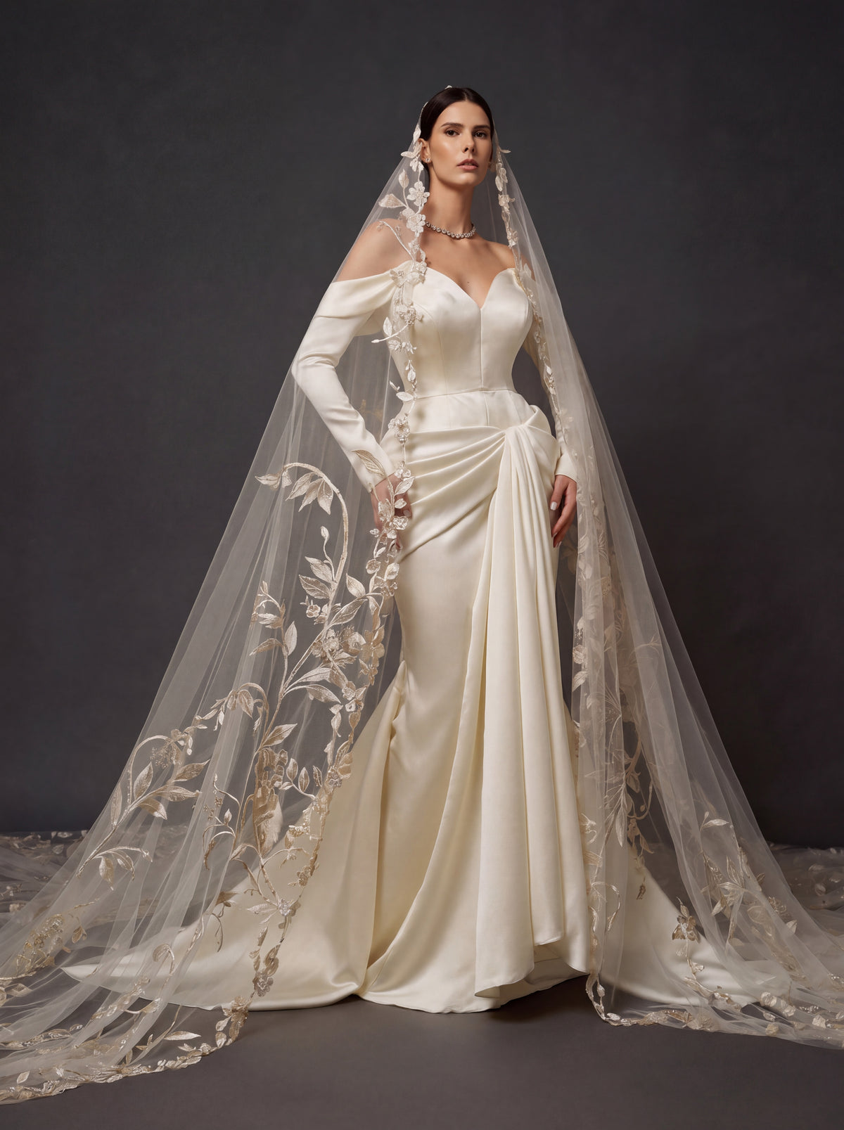 Champagne Ivory Satin Draped Mermaid Wedding Gown – Off-Shoulder Long Sleeves, Sweetheart Neckline & Floral Embroidered Cathedral Veil