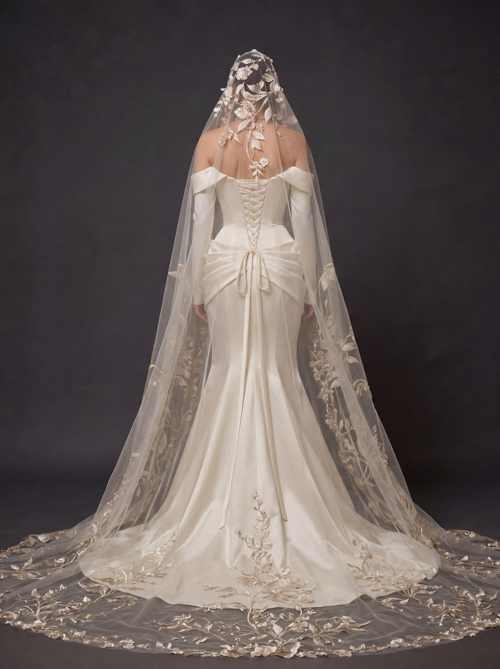 Champagne Ivory Satin Draped Mermaid Wedding Gown – Off-Shoulder Long Sleeves, Sweetheart Neckline & Floral Embroidered Cathedral Veil