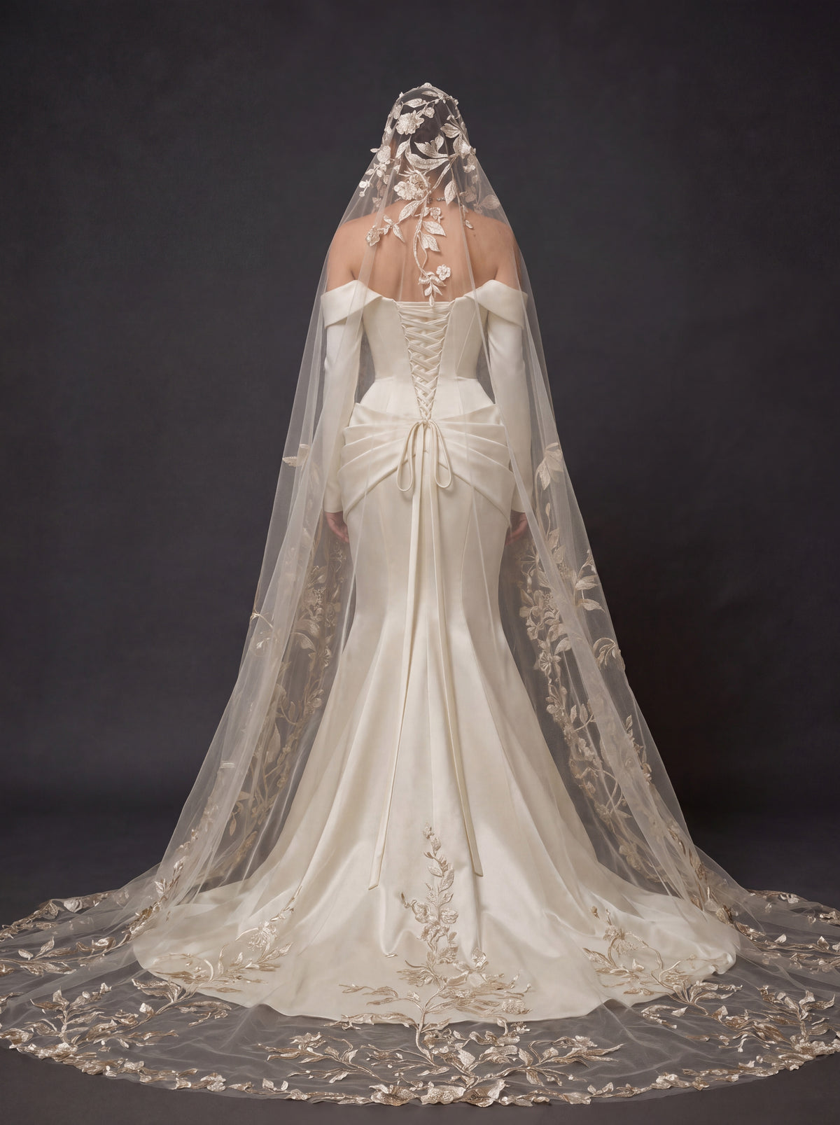 Champagne Ivory Satin Draped Mermaid Wedding Gown – Off-Shoulder Long Sleeves, Sweetheart Neckline & Floral Embroidered Cathedral Veil