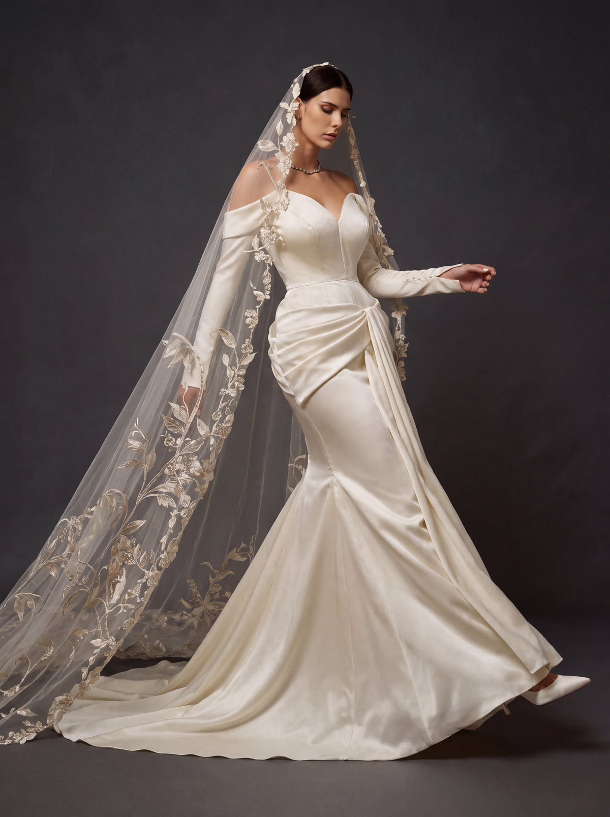 Champagne Ivory Satin Draped Mermaid Wedding Gown – Off-Shoulder Long Sleeves, Sweetheart Neckline & Floral Embroidered Cathedral Veil