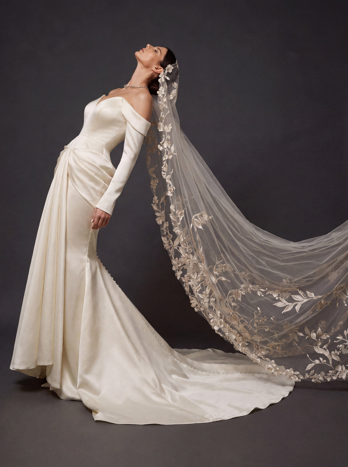 Champagne Ivory Satin Draped Mermaid Wedding Gown – Off-Shoulder Long Sleeves, Sweetheart Neckline & Floral Embroidered Cathedral Veil