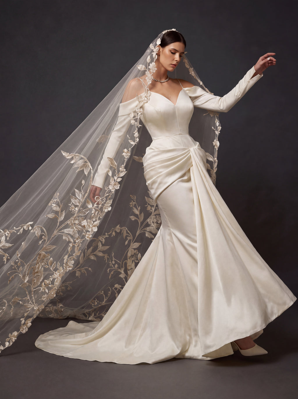 Champagne Ivory Satin Draped Mermaid Wedding Gown – Off-Shoulder Long Sleeves, Sweetheart Neckline & Floral Embroidered Cathedral Veil