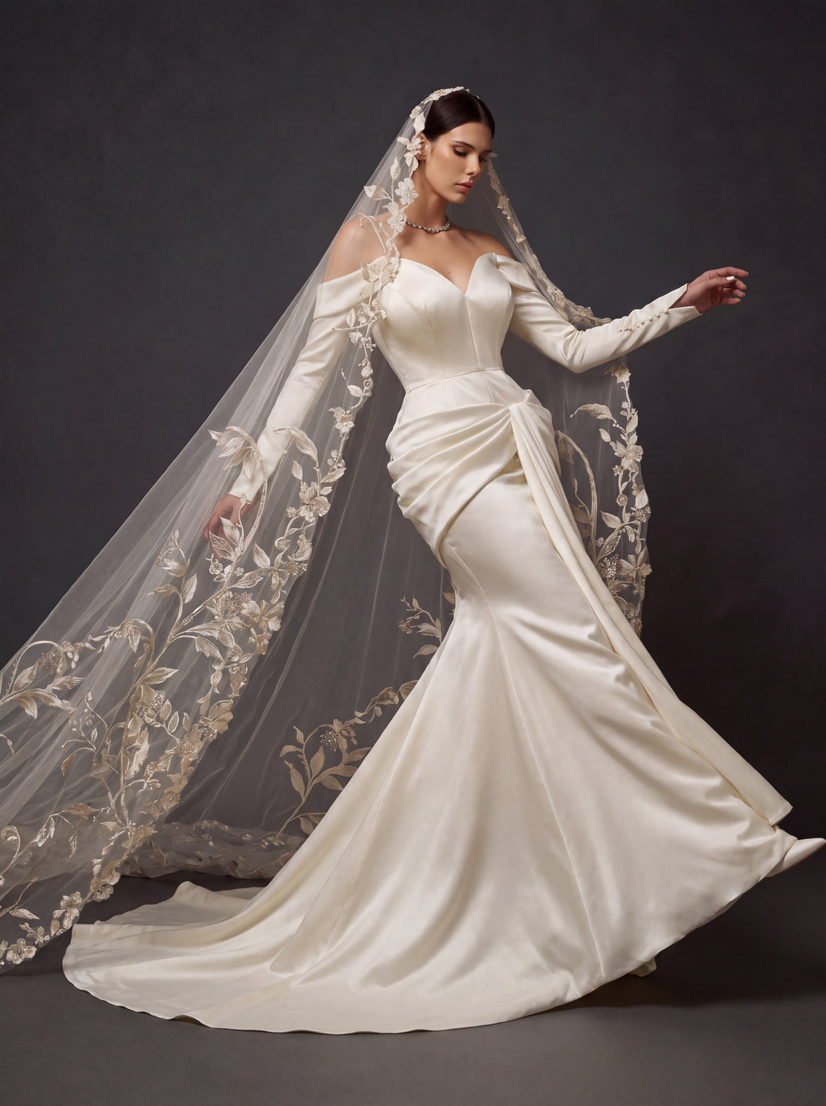 Champagne Ivory Satin Draped Mermaid Wedding Gown – Off-Shoulder Long Sleeves, Sweetheart Neckline & Floral Embroidered Cathedral Veil