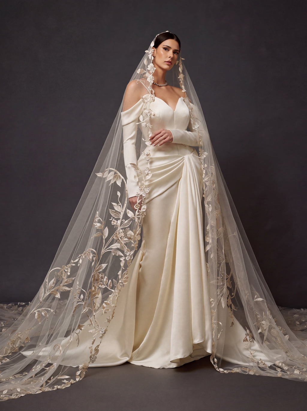 Champagne Ivory Satin Draped Mermaid Wedding Gown – Off-Shoulder Long Sleeves, Sweetheart Neckline & Floral Embroidered Cathedral Veil