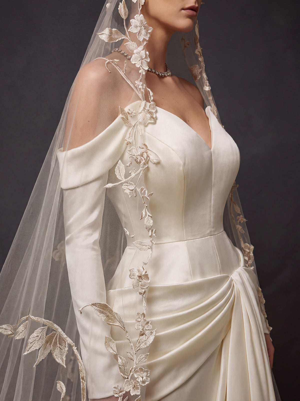Champagne Ivory Satin Draped Mermaid Wedding Gown – Off-Shoulder Long Sleeves, Sweetheart Neckline & Floral Embroidered Cathedral Veil