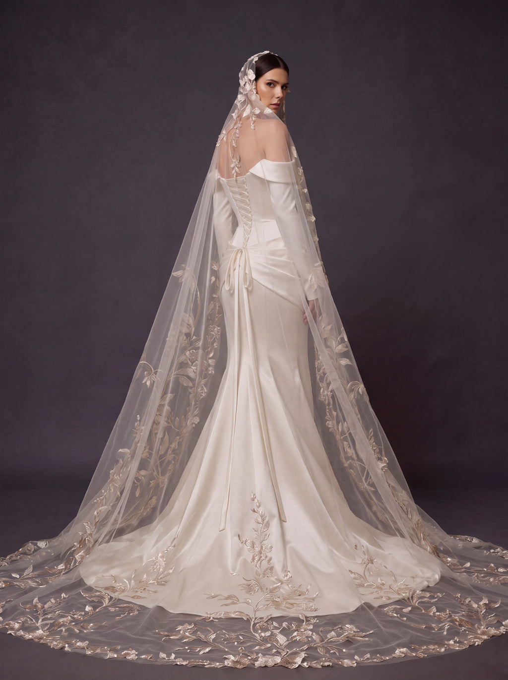 Champagne Ivory Satin Draped Mermaid Wedding Gown – Off-Shoulder Long Sleeves, Sweetheart Neckline & Floral Embroidered Cathedral Veil