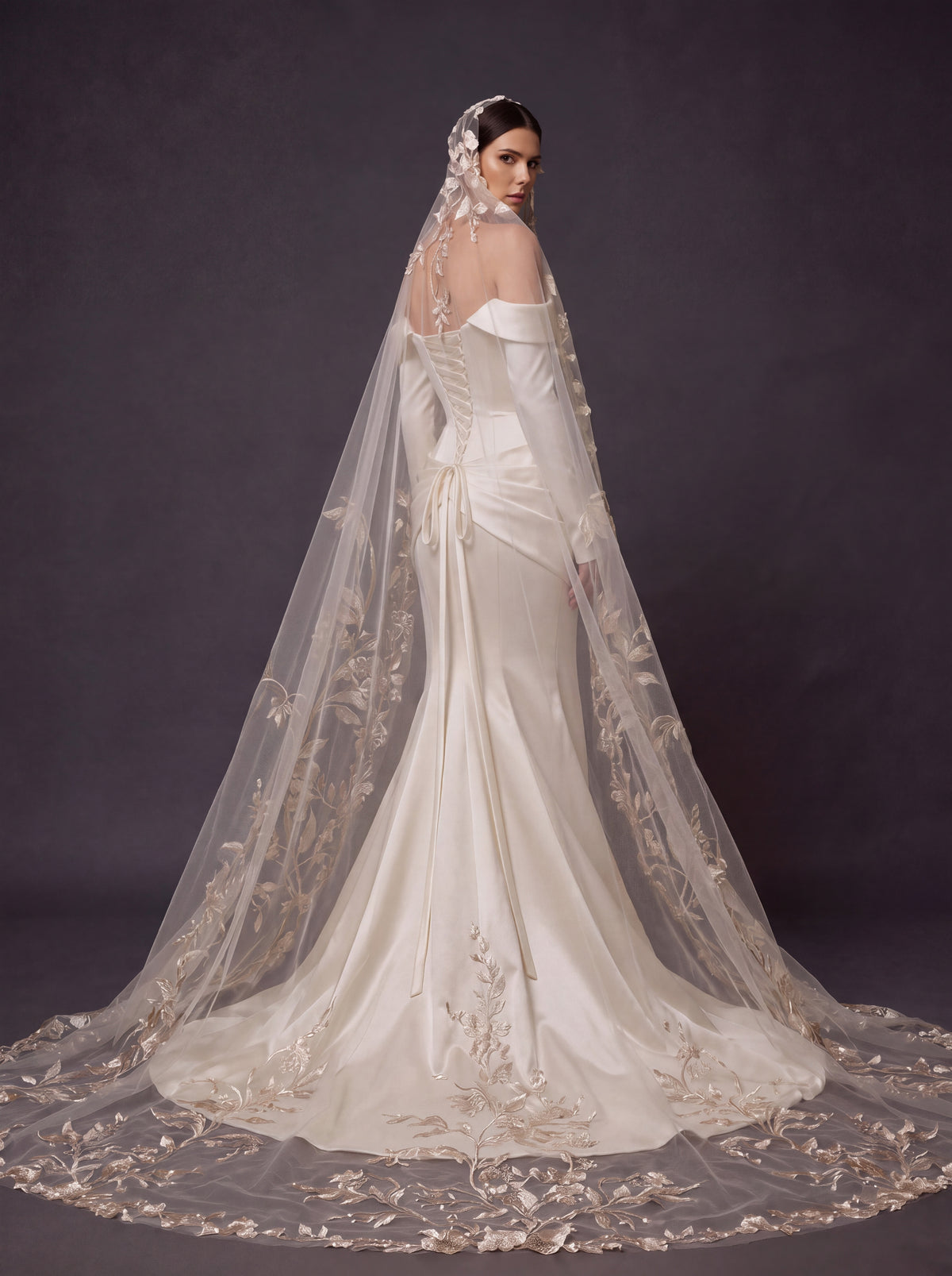 Champagne Ivory Satin Draped Mermaid Wedding Gown – Off-Shoulder Long Sleeves, Sweetheart Neckline & Floral Embroidered Cathedral Veil