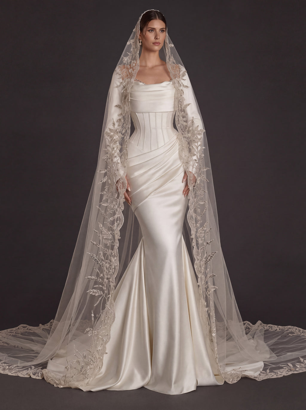 Pearl White Satin Corset Mermaid Wedding Gown – Draped Cowl Neckline, Long Sleeves & Embroidered Cathedral Veil