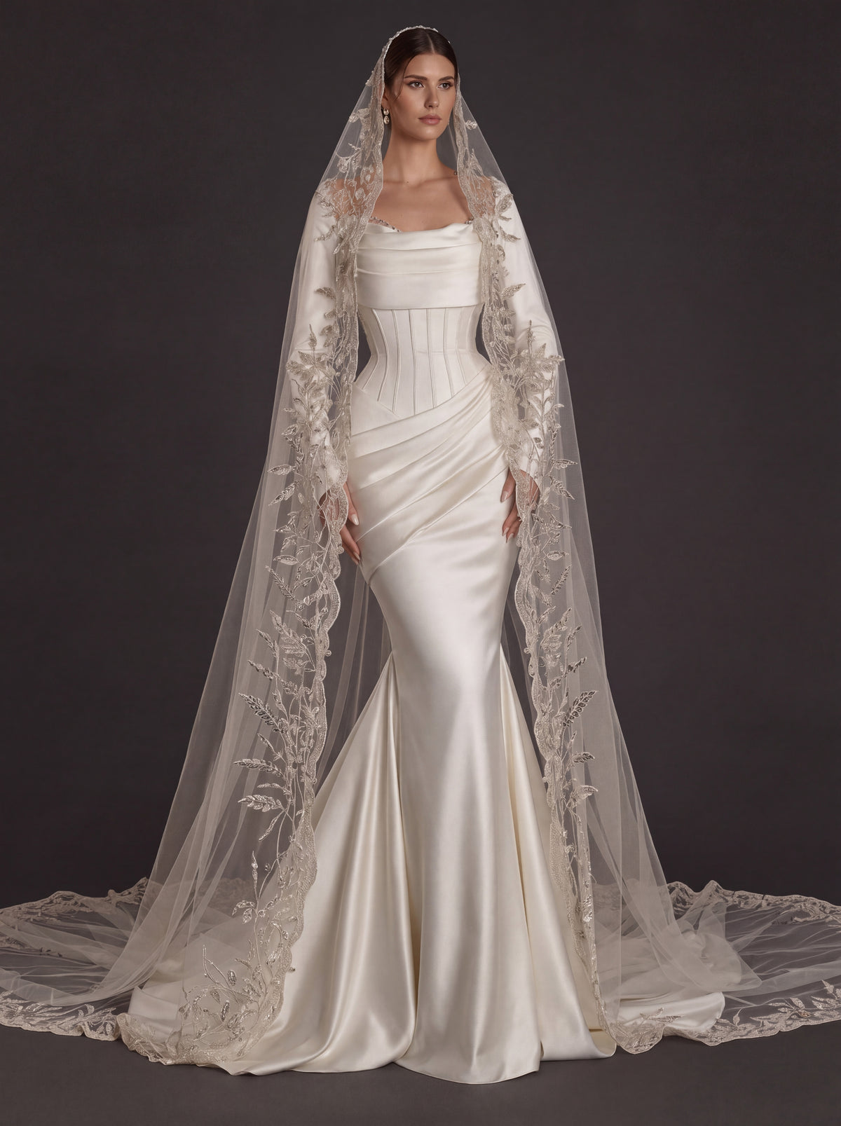 Pearl White Satin Corset Mermaid Wedding Gown – Draped Cowl Neckline, Long Sleeves & Embroidered Cathedral Veil