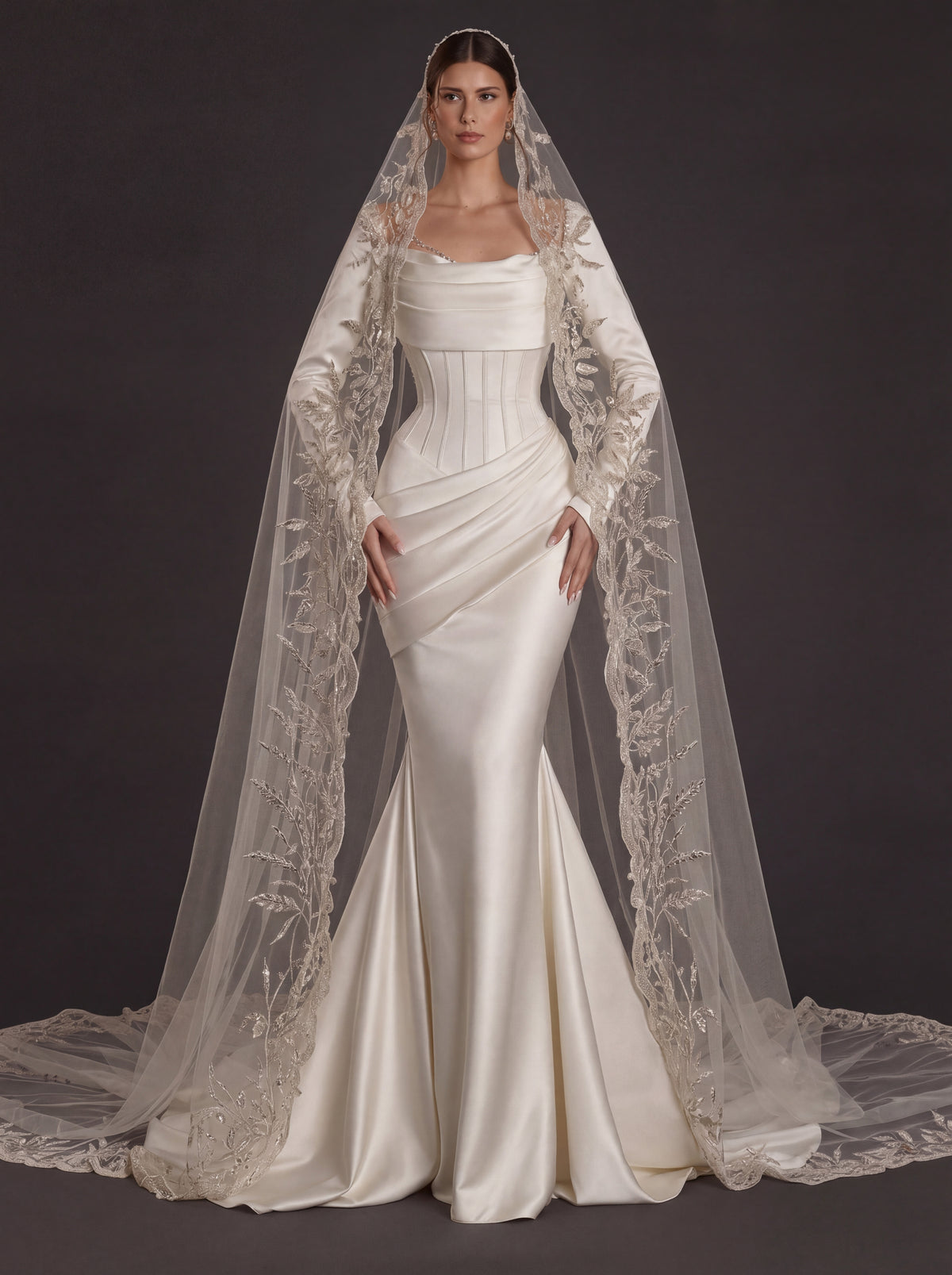 Pearl White Satin Corset Mermaid Wedding Gown – Draped Cowl Neckline, Long Sleeves & Embroidered Cathedral Veil
