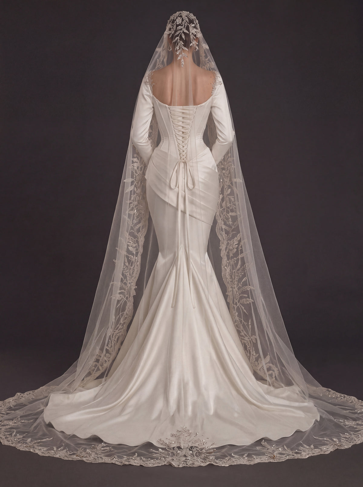 Pearl White Satin Corset Mermaid Wedding Gown – Draped Cowl Neckline, Long Sleeves & Embroidered Cathedral Veil