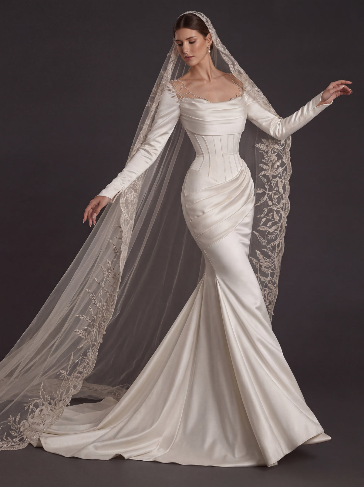 Pearl White Satin Corset Mermaid Wedding Gown – Draped Cowl Neckline, Long Sleeves & Embroidered Cathedral Veil