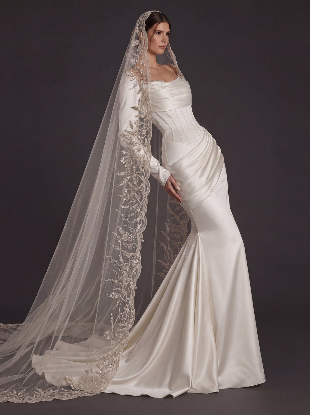 Pearl White Satin Corset Mermaid Wedding Gown – Draped Cowl Neckline, Long Sleeves & Embroidered Cathedral Veil