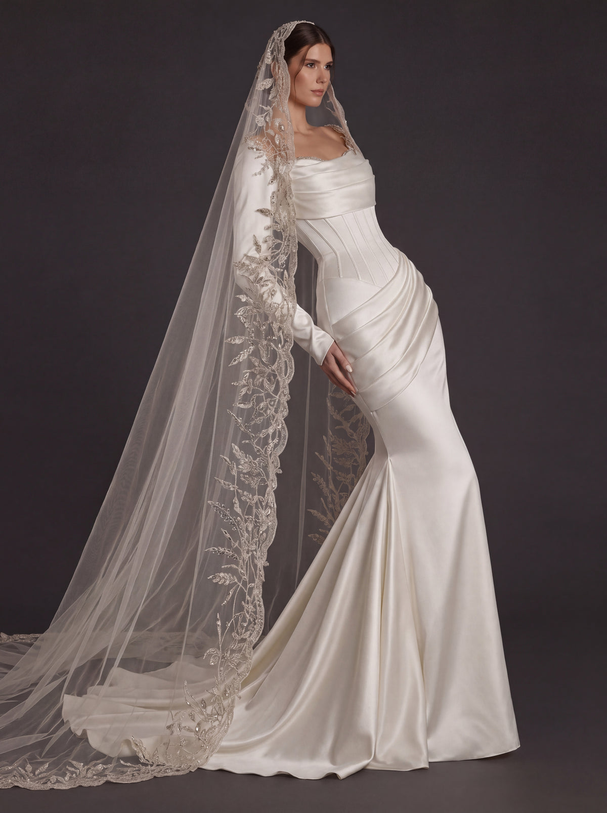 Pearl White Satin Corset Mermaid Wedding Gown – Draped Cowl Neckline, Long Sleeves & Embroidered Cathedral Veil