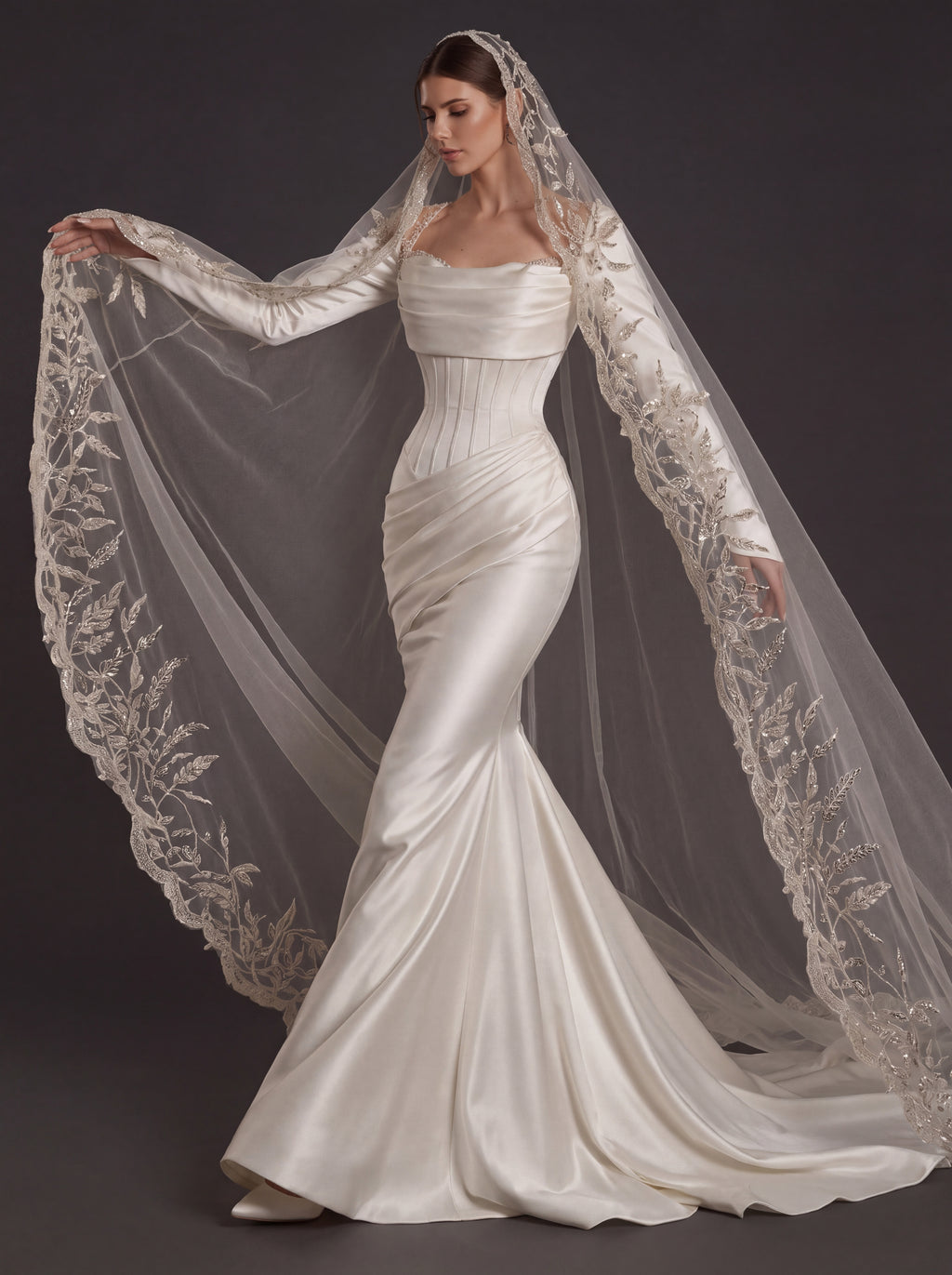 Pearl White Satin Corset Mermaid Wedding Gown – Draped Cowl Neckline, Long Sleeves & Embroidered Cathedral Veil