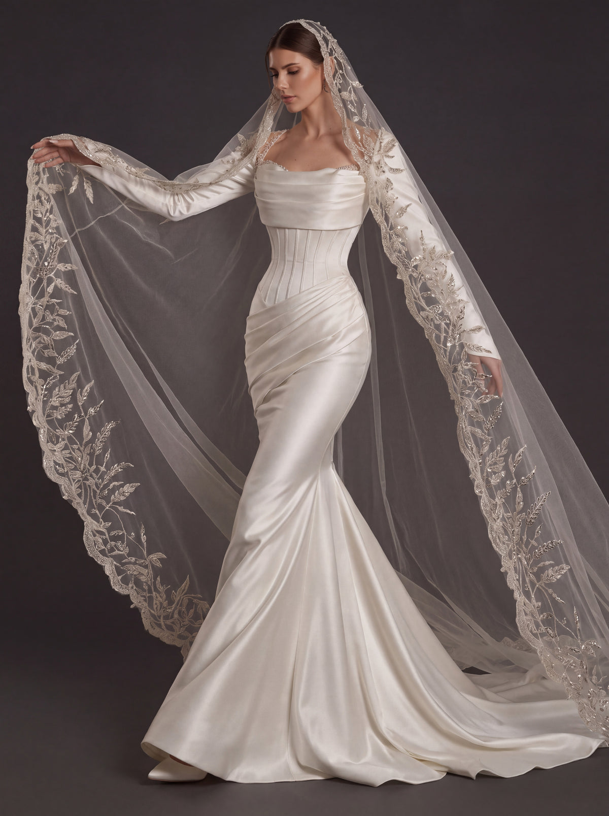 Pearl White Satin Corset Mermaid Wedding Gown – Draped Cowl Neckline, Long Sleeves & Embroidered Cathedral Veil