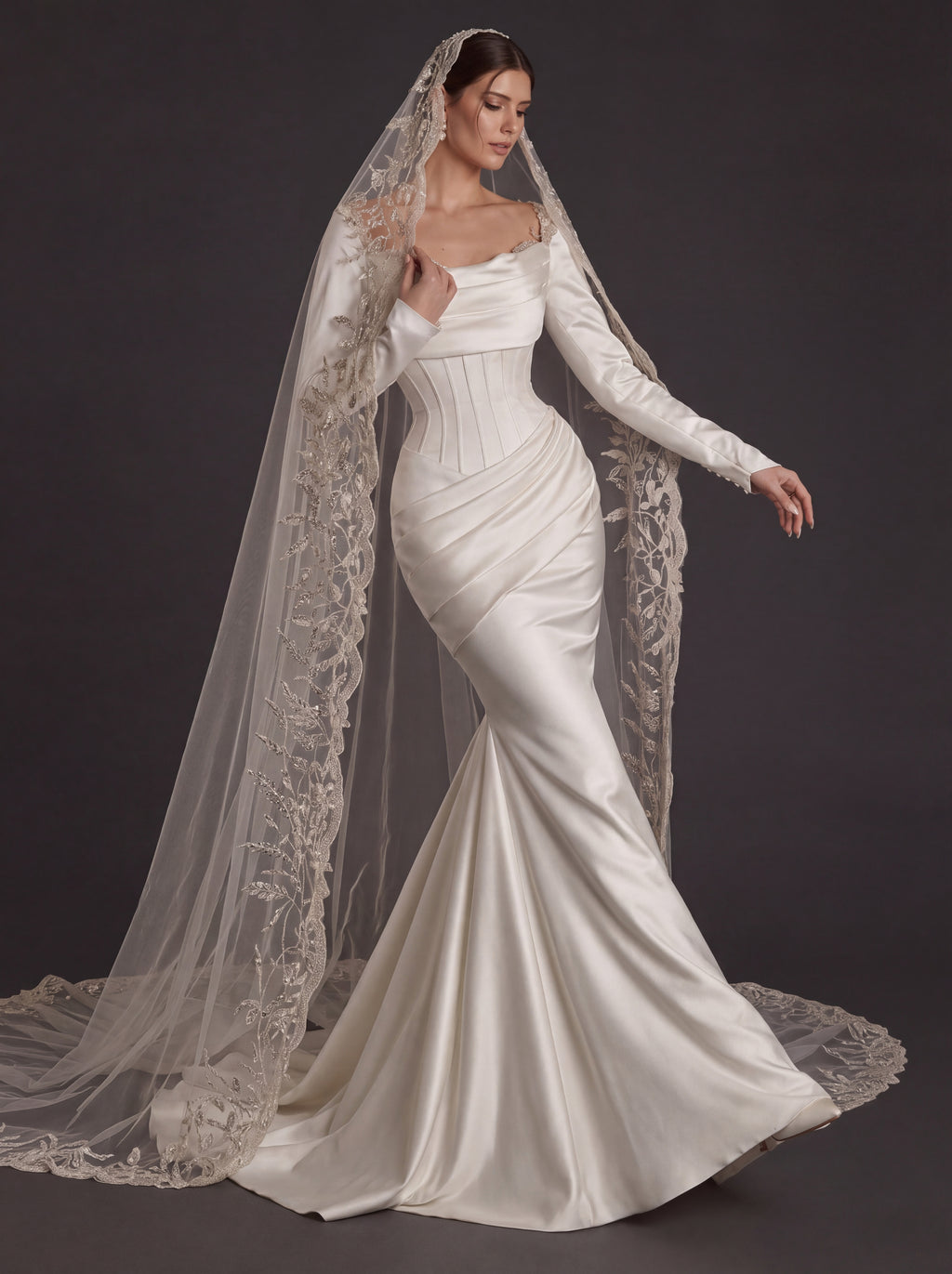 Pearl White Satin Corset Mermaid Wedding Gown – Draped Cowl Neckline, Long Sleeves & Embroidered Cathedral Veil