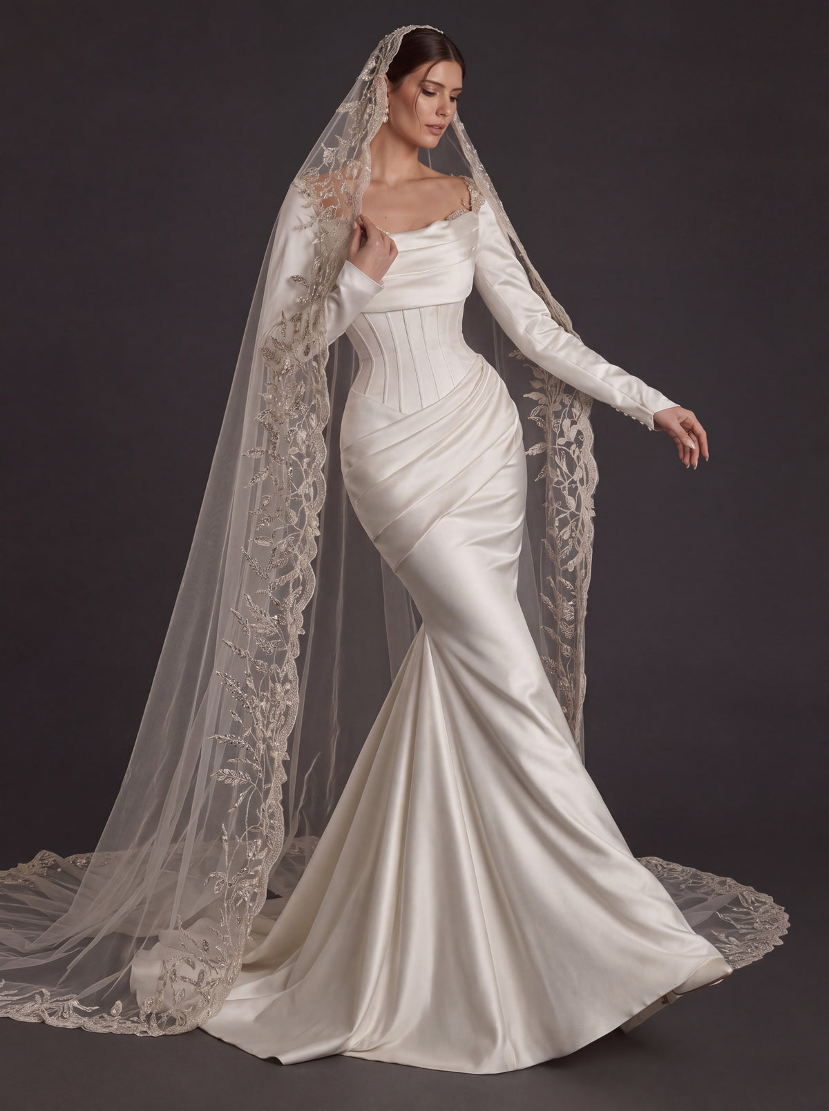 Pearl White Satin Corset Mermaid Wedding Gown – Draped Cowl Neckline, Long Sleeves & Embroidered Cathedral Veil