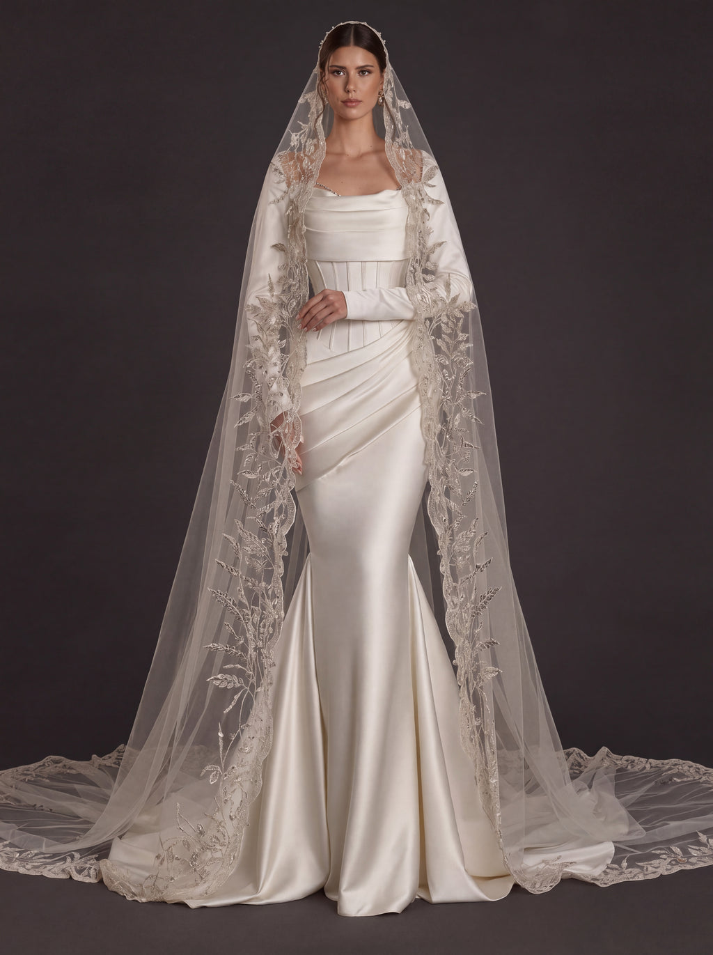 Pearl White Satin Corset Mermaid Wedding Gown – Draped Cowl Neckline, Long Sleeves & Embroidered Cathedral Veil